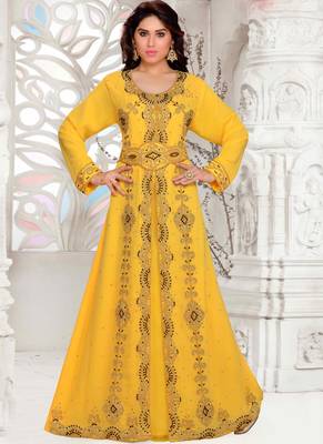 Yellow embroidered georgette islamic kaftans with hijab 1
