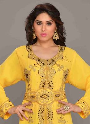 Yellow embroidered georgette islamic kaftans with hijab 2