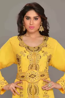 Yellow embroidered georgette islamic kaftans with hijab