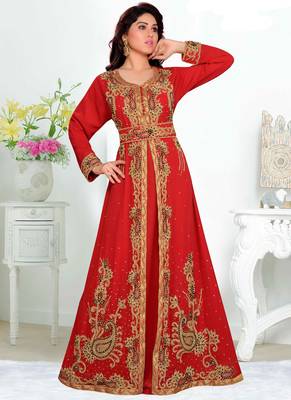 Red embroidered georgette islamic kaftans With Sun-proof hijab 1