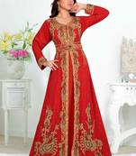Red embroidered georgette islamic kaftans With Sun-proof hijab.