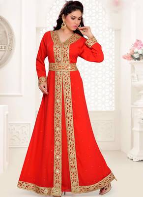 Red embroidered georgette islamic kaftans With Sun-proof hijab 1