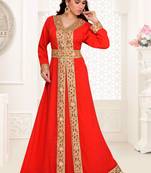 Red embroidered georgette islamic kaftans With Sun-proof hijab.
