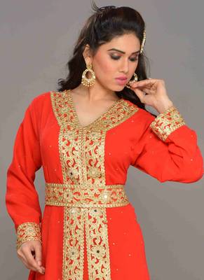 Red embroidered georgette islamic kaftans With Sun-proof hijab 2