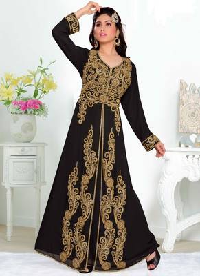 Black embroidered georgette islamic kaftans With Sun-proof hijab 1