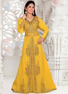 Yellow embroidered georgette islamic kaftans with hijab 1