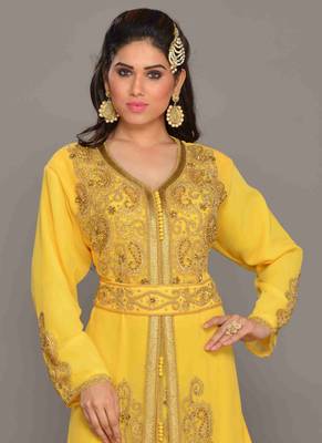 Yellow embroidered georgette islamic kaftans with hijab 2
