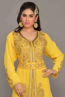 Yellow embroidered georgette islamic kaftans with hijab