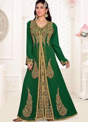 Green embroidered georgette islamic kaftans With Sun-proof hijab 1