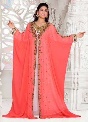 Peach embroidered georgette islamic kaftan 1