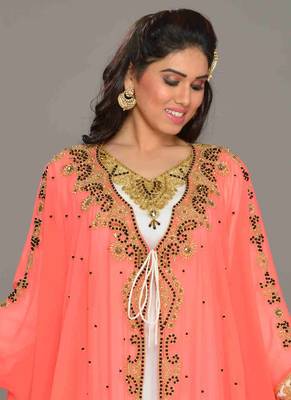 Peach embroidered georgette islamic kaftan 2