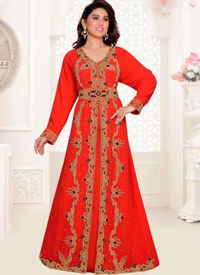 Red embroidered georgette islamic kaftans With Sun-proof hijab 1