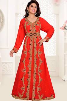 Red embroidered georgette islamic kaftans With Sun-proof hijab.