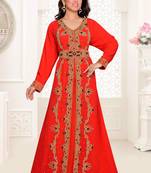 Red embroidered georgette islamic kaftans With Sun-proof hijab.