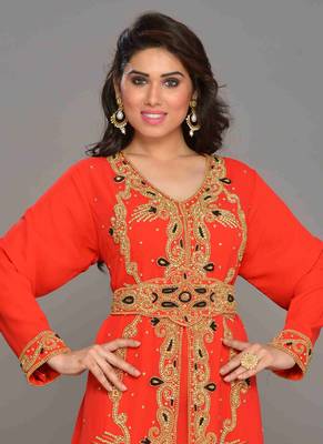 Red embroidered georgette islamic kaftans With Sun-proof hijab 2