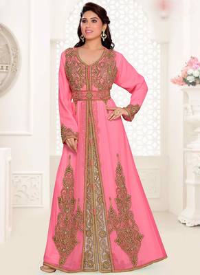 Pink embroidered georgette islamic kaftan 1