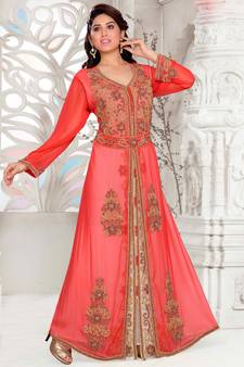 Red embroidered georgette islamic kaftans With Sun-proof hijab.