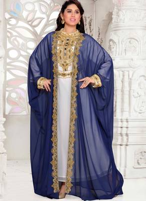 Blue embroidered georgette islamic kaftans With Sun-proof hijab 1
