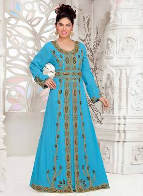 Turquoise embroidered georgette islamic kaftans With Sun-proof hijab 1