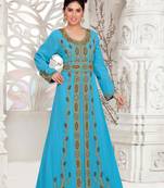 Turquoise embroidered georgette islamic kaftans With Sun-proof hijab.