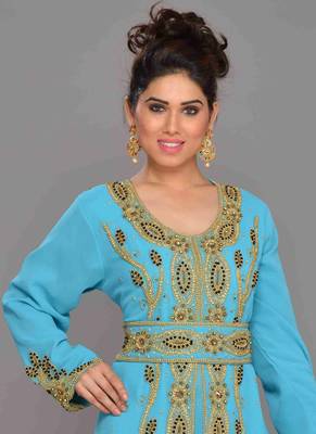 Turquoise embroidered georgette islamic kaftans With Sun-proof hijab 2