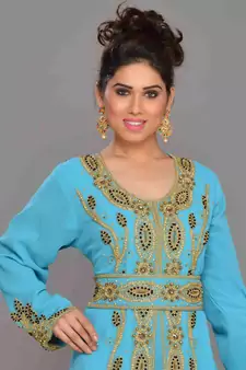 Turquoise embroidered georgette islamic kaftans With Sun-proof hijab