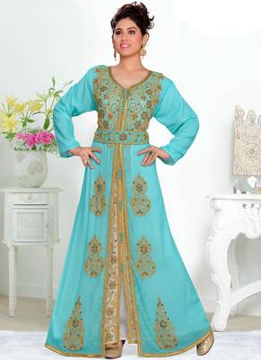 Sea-green embroidered georgette islamic kaftan With Sun-proof hijab 1