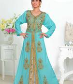Sea-green embroidered georgette islamic kaftan With Sun-proof hijab.
