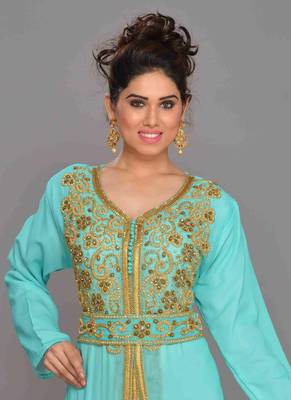 Sea-green embroidered georgette islamic kaftan With Sun-proof hijab 2
