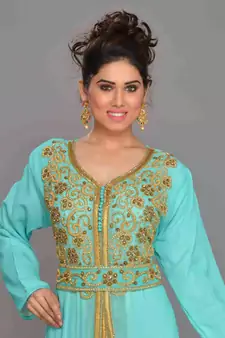 Sea-green embroidered georgette islamic kaftan With Sun-proof hijab