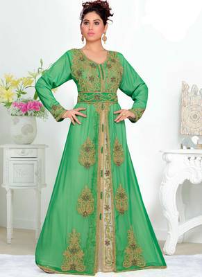 Green embroidered georgette islamic kaftans With Sun-proof hijab 1