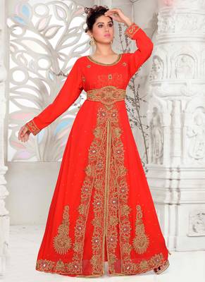 Red embroidered georgette islamic kaftans With Sun-proof hijab 1