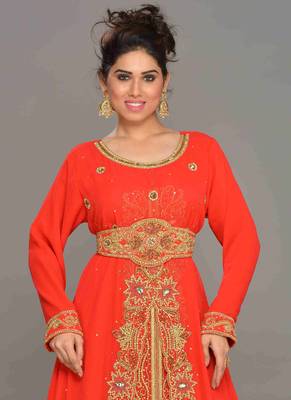 Red embroidered georgette islamic kaftans With Sun-proof hijab 2
