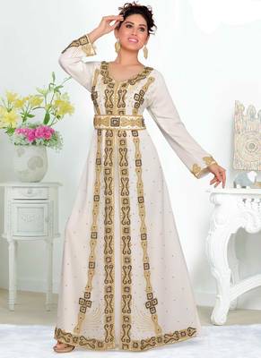 White embroidered georgette islamic kaftans With Sun-proof hijab 1