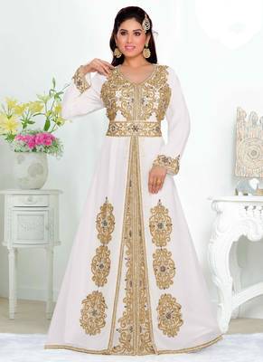 White embroidered georgette islamic kaftans With Sun-proof hijab 1