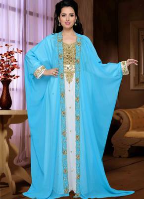 Turquoise embroidered georgette islamic kaftan 1