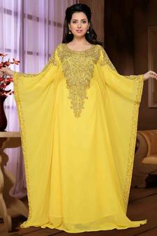 Yellow embroidered georgette islamic kaftan