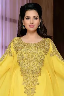 Yellow embroidered georgette islamic kaftan