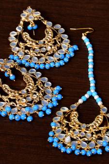 Turquoise Beaded Kundan Embellished Earrings cum Maang Tikka Set