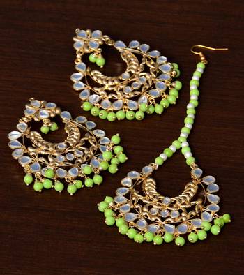 Parrot Beaded Kundan Embellished Earrings cum Maang Tikka Set 1