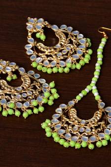 Parrot Beaded Kundan Embellished Earrings cum Maang Tikka Set