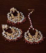 Maroon Beaded Kundan Embellished Earrings cum Maang Tikka Set