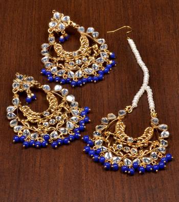 Blue Beaded Kundan Embellished Earrings cum Maang Tikka Set 1