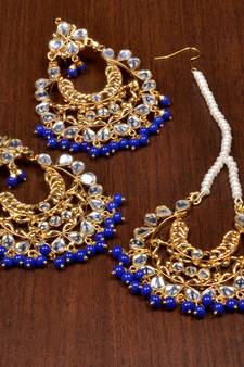 Blue Beaded Kundan Embellished Earrings cum Maang Tikka Set