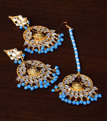 Turquoise Beaded Kundan Embellished Designer Earrings Tikka Set 1