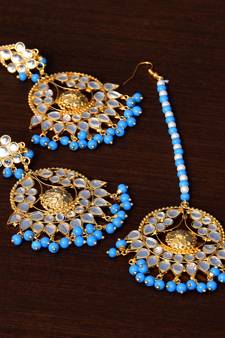Turquoise Beaded Kundan Embellished Designer Earrings Tikka Set