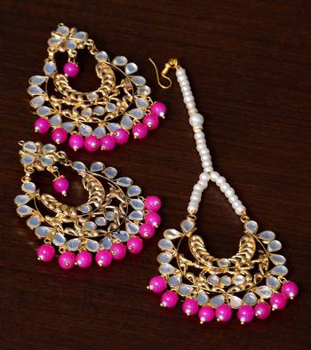 Magenta Beaded Kundan Embellished Earrings cum Maang Tikka Set 1