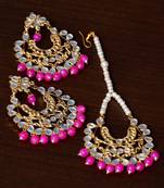 Magenta Beaded Kundan Embellished Earrings cum Maang Tikka Set