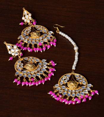 Magenta Beaded Kundan Embellished Designer Earrings Tikka Set 1