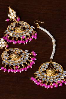 Magenta Beaded Kundan Embellished Designer Earrings Tikka Set